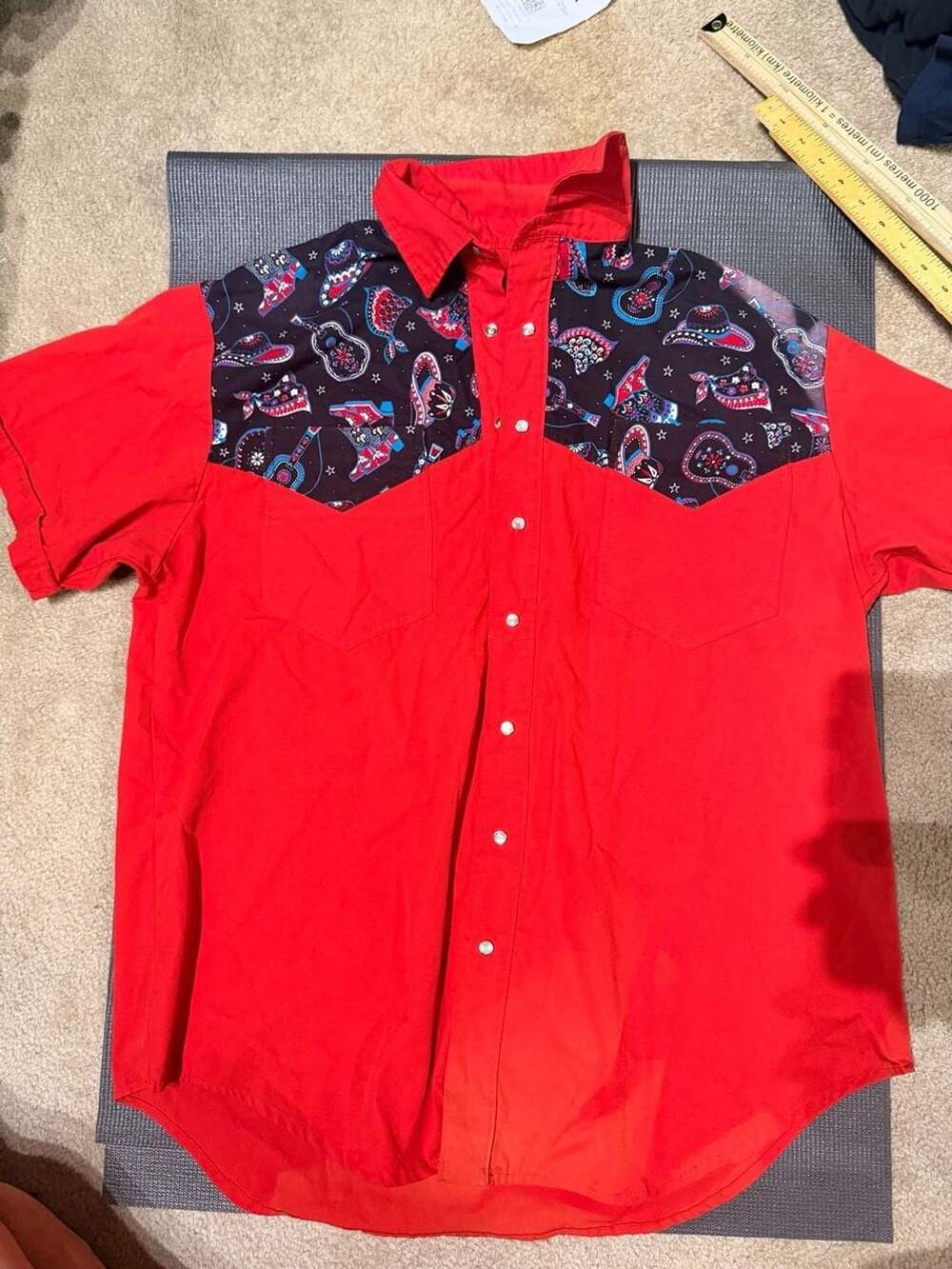 Vintage Western Pearl Snap Short Sleeve Shirt Red w Cowboy Boots & Guitar